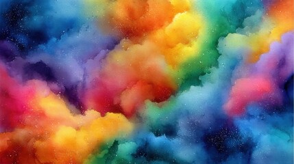 Poster - A vibrant, abstract watercolor painting featuring swirling clouds of bright, multicolored hues blending seamlessly.