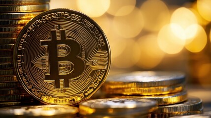 Poster - Close-up of a golden bitcoin cryptocurrency coin resting on a stack of similar coins, with a bokeh background of warm, golden lights. : Generative AI