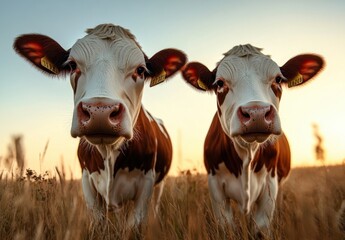 Poster - Two curious brown and white cows gaze directly at the camera in a golden wheat field at sunset, their ear tags visible. : Generative AI