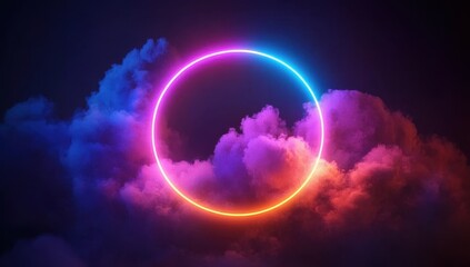 Poster - Neon Circle Frame Surrounded by Clouds in a Dark Background with Pink and Blue Lighting Creating a Futuristic and Dreamlike Atmosphere