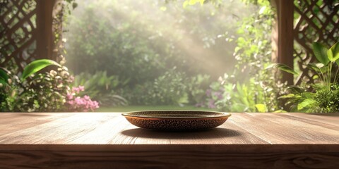 Poster - Ornate Golden Plate Displayed on Wooden Table in Lush Garden Setting with Sun Drenched Foliage and Floral Accents Bathed in Natural Light