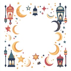 Poster - Pixelated Ramadan Frame with Golden Moons Stars and Traditional Lanterns on White Background