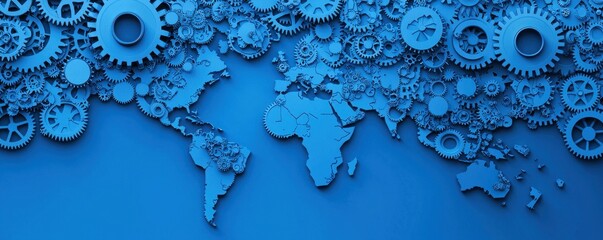 Poster - A blue world map is creatively designed with interlocking gears, symbolizing global connection, innovation, and technology.