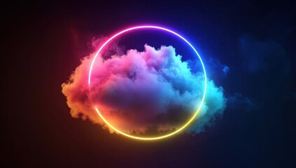 Aufkleber - Radiant Neon Circle Enclosing Multicolored Cloud in a Dark Cosmic Scene with Glowing Effects and Abstract Design Elements Creating a Futuristic and Dreamy Atmosphere