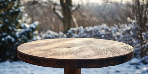 Poster - Rustic Round Wooden Table Covered In Snow Amidst A Winter Landscape With Natural Light And Snowy Background In Outdoors