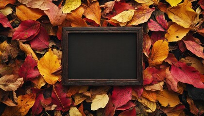 Aufkleber - Rustic Wooden Frame Surrounded by Vibrant Autumn Leaves in a Textured Fall Background With Rich Red Orange and Yellow Hues And Dark Wood Tones for Thanksgiving Or Seasonal Decoration