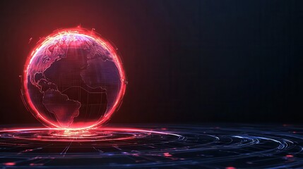 Fototapete - A glowing digital globe with red neon lines, hovering above a futuristic circular platform on a dark background.