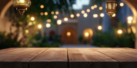 Poster - Rustic Wooden Table with Decorative Lanterns and Soft Backlight in Arabian Style with Arched Building and Greenery Creating Festive Evening Outdoor Scene