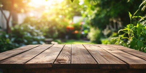 Poster - Rustic Wooden Tabletop Against Blurred Summer Garden Landscape with Soft Sunlight and Greenery Creates an Inviting and Natural Ambiance For Product Presentation and Outdoor Dining