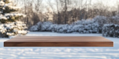 Poster - Rustic Wooden Tabletop Overlooking a Tranquil Winter Landscape with Snow Covered Trees and Natural Light for Product Display and Mockup in a Cold Sunny Day