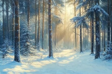 Aufkleber - Snow Covered Forest Path in Winter with Sunlight Filtering Through Trees Creating a Cold and Tranquil Snowy Landscape Scene