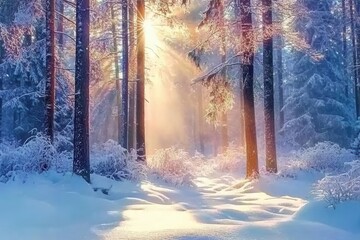 Poster - Snow Covered Trees in a Tranquil Winter Forest with Bright Sunlight and a Snowy Path Creating a Cold and Beautiful Natural Scene