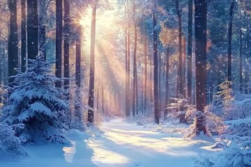 Aufkleber - Snowy Path Through Winter Forest with Sunlight Breaking Through Trees Cold Scenic Landscape with Frost and Blue Tones Creates a Tranquil Scene in a Rural Setting