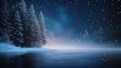 Aufkleber - Snowy Winter Landscape with Evergreen Trees under Starry Night Sky in Deep Blue and White Tones Featuring Reflections on Ice and a Tranquil Cold Atmosphere