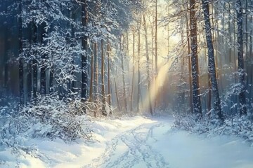 Aufkleber - Sunlit Snowy Forest Path Landscape with Tall Trees in Winter Season Cold Temperature and Beautiful Natural Scenery with Bright Sunlight in the Woodland with White Snow