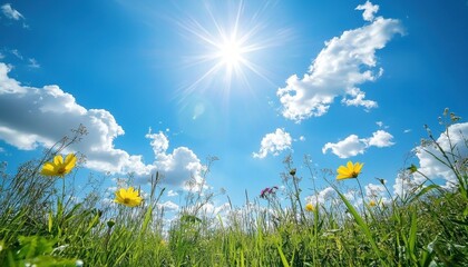 Aufkleber - Sunny Sky Above Meadow with Wildflowers and Green Grass on a Bright Day with Beautiful Cloudscape