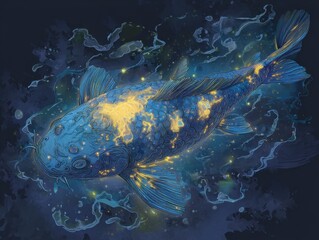 Poster - Abstract graphic design of a luminous koi fish.