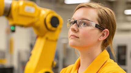Poster - A woman in safety glasses observes a yellow industrial robot arm in a modern manufacturing or laboratory setting.