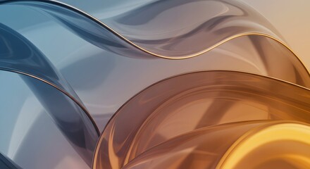 Poster - Translucent ribbon curves with gradients of blue, gold, and gray, creating a fluid and dynamic visual impact and aesthetic harmony