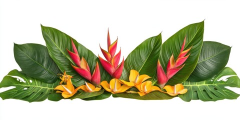 Aufkleber - Tropical Foliage Arrangement with Vibrant Red Flowers and Lush Green Leaves on a White Background Isolated Composition of Exotic Botanical Elements for Natural Design