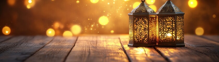 Poster - Two Intricate Bronze Lanterns Glow on Rustic Wooden Surface with Bokeh Lights in a Warm and Festive Ambient Setting
