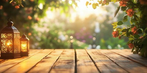 Poster - Two Lanterns Illuminate Wooden Tabletop Display with Orange Flowers and Green Foliage Against Blurred Bokeh Lights and Warm Sunset Glow in Outdoor Garden