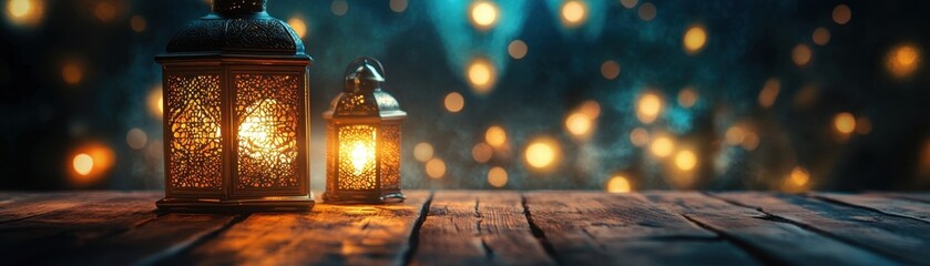 Poster - Two Ornate Golden Lanterns on Wooden Planks with Glowing Bokeh Lights in the Background for Festive Holiday Warmth and Spiritual Atmosphere in Traditional Elegant Design