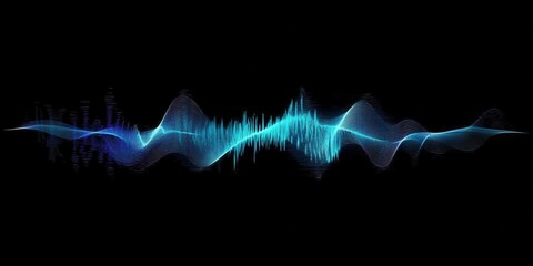 Poster - Vibrant Blue Audio Waveform Visualization Against Black Backdrop Depicting Sound Frequency Spectrum Oscillation and Digital Signal Processing in a Modern and Abstract Style