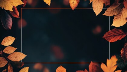 Aufkleber - Vibrant Autumn Leaves Border with a Rectangular Frame Against a Blurred Dark Backdrop Showcasing Orange Brown and Red Foliage and Textural Details Perfect for Seasonal Designs and Thanksgiving Themes