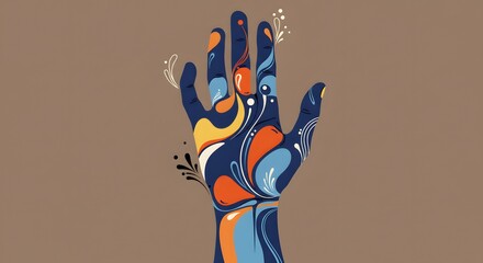 Poster - Stylized Hand Illustration with Flowing Design Elements Showcasing Artistic Expression and Vibrant Colors with Ornate Details on a Neutral Background