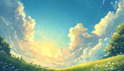 Aufkleber - Vibrant Pixel Art Landscape with Rolling Green Meadow Beneath Fluffy White Clouds and a Bright Blue Sky in Summer