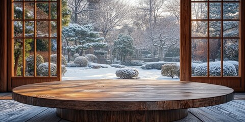 Poster - Wooden Round Table in Rustic Room Overlooking Snowy Winter Landscape with Natural Light from Window and Garden View Outside During Daytime