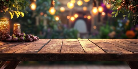 Poster - Wooden Table Still Life with Ripe Grapes and Decorative Lighting Featuring Mason Jars and Foliage in a Rustic Outdoor Setting