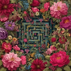 Poster - Intricate maze surrounded by vibrant floral design.