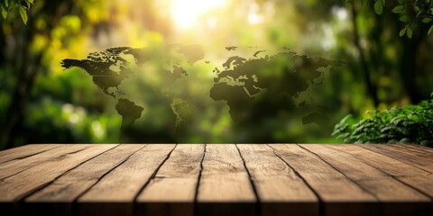 Poster - Wooden Table with a World Map Overlayed Against a Sunny Green Forest Backdrop Creating an Environmental and Ecological Theme