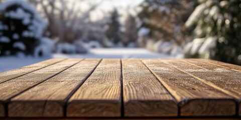 Poster - Wooden Table with Frosting in a Snowy Winter Landscape with Blurred Trees Background on a Bright Sunny Day for Product Display Template in Nature