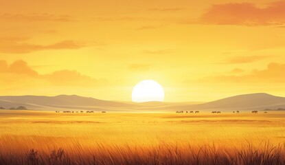 Poster - Warm Golden Sunset Over Rural Field with Cattle Grazing at a Distance Under a Partly Cloudy Sky in Pastoral Countryside