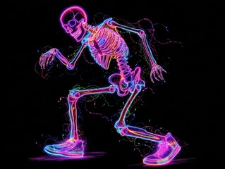 Poster - Vibrant, digital depiction of a dancing skeleton figure.
