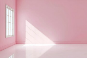 Poster - Minimalist empty pink room with sunlight streaming through a window, creating a geometric shadow on the polished floor.