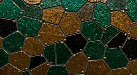 Poster - Abstract tessellated mosaic with metallic accents in shades of emerald, gold and onyx, resembling a geological formation or a handcrafted decorative art piece