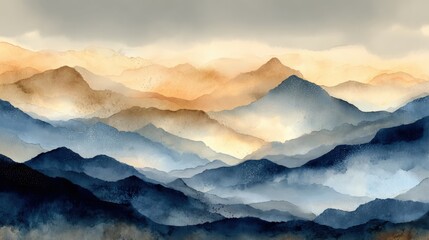 Wall Mural - soft watercolor painting of misty blue and gold mountain layers under a cloudy sky, evoking calm and