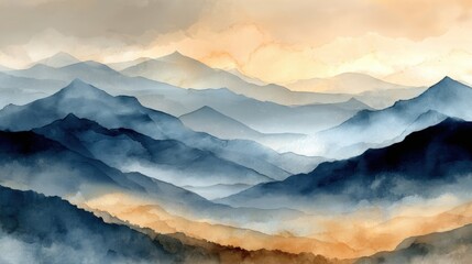 Wall Mural - a serene watercolor painting of layered blue and orange mountains beneath a softly glowing sky.