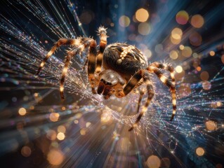 A spider in its intricate web with a glowing effect.