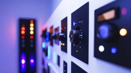 Close up of modern control panels with colorful lights and knobs