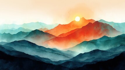 Wall Mural - a serene watercolor landscape of layered mountains with a vibrant sunrise in the background.