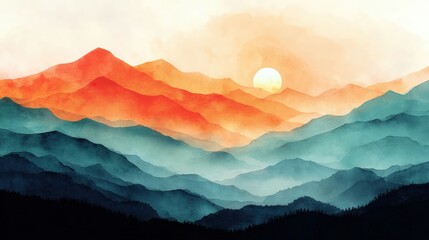 Wall Mural - watercolor painting of layered mountains at sunrise with vibrant orange and blue hues.