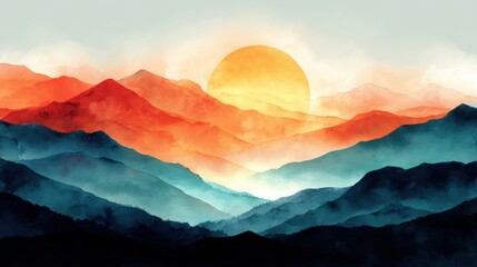 Wall Mural - a vibrant watercolor sunset illuminates layered mountain ranges in warm and cool tones.