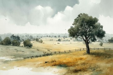 Wall Mural - a lone tree stands in a tranquil, sunlit field with a fence and scattered greenery under a cloudy sk
