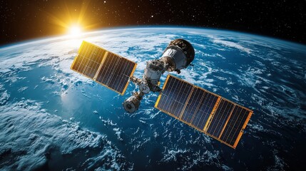 Wall Mural - Satellite orbiting a planet with solar panels.