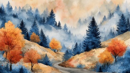 Wall Mural - a winding road curves through a misty autumn forest, with vibrant orange and blue trees set against 